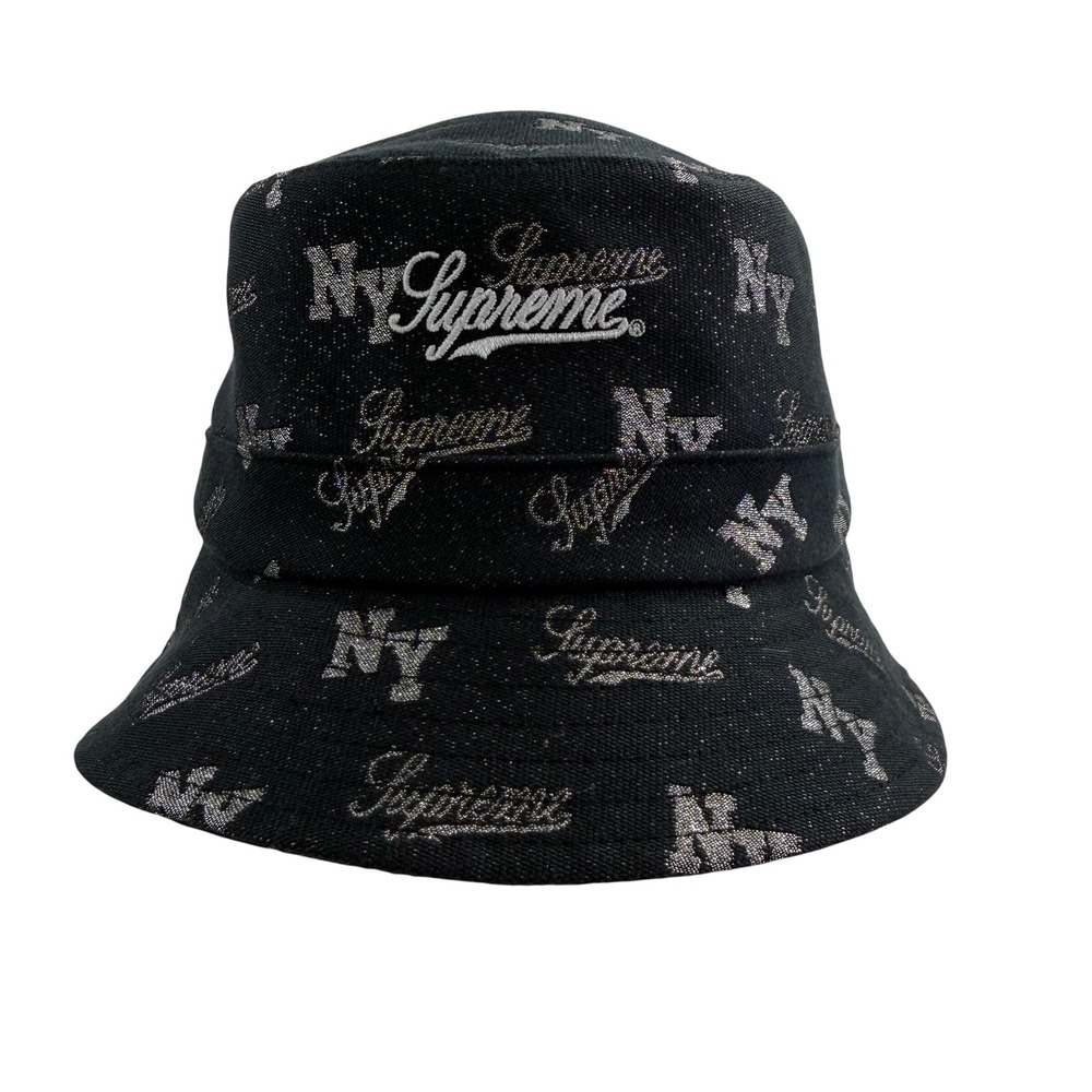 Supreme NY Denim Crusher Bucket Hat Black Silver Logo Print M/L Made in USA